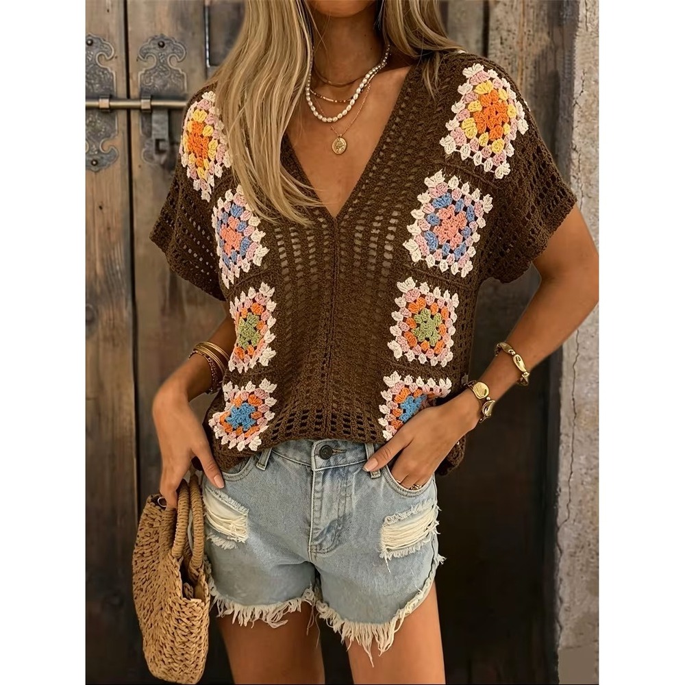 Unbranded Boho Crochet Granny Square V-Neck Top Brown Short Sleeve NEW Sz S/M